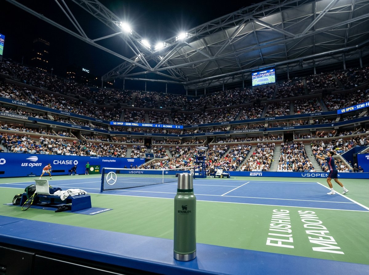 Large tennis stadium filled with spectators at night, with blue court, net, and trophy visible on the baseline