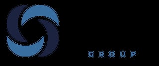 Blue and navy swirling logo with GROUP text on black background