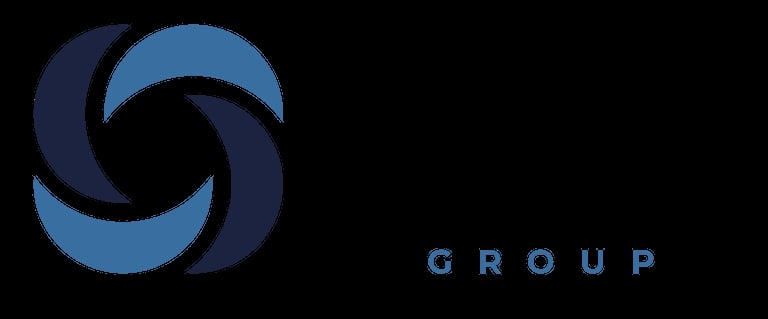 Blue and navy swirling logo with GROUP text on black background