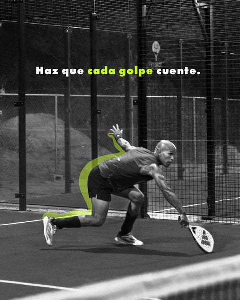 Athlete playing padel tennis on court with Spanish text overlay saying Make every shot count