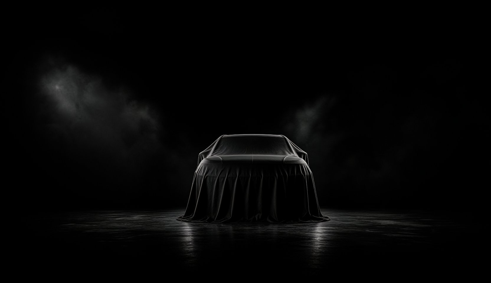 Sleek car covered with a draped black cloth, dramatically lit against a dark background with water reflections